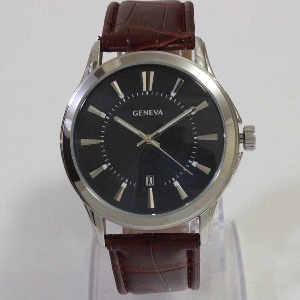 Geneva Men's Dress Watch Silver Tone Navy Blue Dial Brown Strap 42mm - Picture 3 of 13